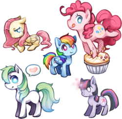 Size: 497x486 | Tagged: safe, artist:mousu, fluttershy, pinkie pie, rainbow dash, twilight sparkle, oc, earth pony, pegasus, pony, g4, food, heart, muffin, tongue out