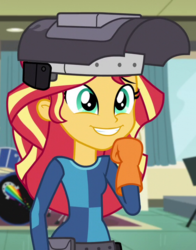 Size: 565x719 | Tagged: safe, screencap, sunset shimmer, equestria girls, g4, my little pony equestria girls: friendship games, clothes, cropped, cute, drum kit, drums, female, gloves, logo, musical instrument, shimmerbetes, smiling, solo, sunset welder, welding mask