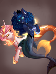 Size: 1825x2400 | Tagged: safe, artist:evehly, princess celestia, princess luna, merpony, pony, unicorn, g4, beautiful, belly button, belly piercing, bellyring, crown, duo, ear piercing, earring, eyeshadow, fangs, female, glowing eyes, hoof shoes, jewelry, looking at each other, makeup, mare, one eye closed, peytral, piercing, regalia, royal sisters, simple background, sisters, smiling, species swap, wink