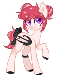 Size: 1894x2523 | Tagged: safe, artist:hawthornss, oc, oc only, oc:blood garter, bat pony, pony, bow, cute little fangs, ear fluff, fangs, female, looking at you, mare, simple background, smiling, sparkly mane, tail bow, transparent background
