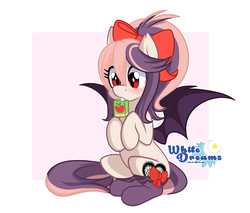 Size: 3351x2850 | Tagged: safe, artist:xwhitedreamsx, oc, oc only, oc:sweet velvet, bat pony, pony, abstract background, bow, clothes, cute, drinking, female, hair bow, high res, juice, juice box, mare, ocbetes, red eyes, sitting, solo, stockings, thigh highs