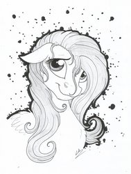 Size: 1024x1355 | Tagged: safe, artist:lupiarts, fluttershy, pegasus, pony, g4, female, looking at you, mare, monochrome, simple background, smiling, solo, traditional art