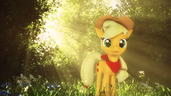 Size: 2560x1440 | Tagged: safe, artist:melodycloud14, applejack, earth pony, pony, g4, 3d, applejack's hat, bandana, cowboy hat, crepuscular rays, female, forest, hair tie, hair ties, hat, looking at you, mare, neckerchief, scenery, smiling at you, solo