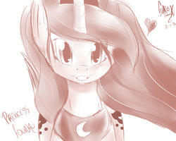 Size: 1350x1080 | Tagged: safe, artist:alesarox, princess luna, pony, g4, both cutie marks, female, heart, looking at you, monochrome, signature, sketch, smiling, solo