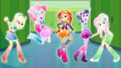 Size: 1280x720 | Tagged: safe, artist:meteor-spark, applejack, fluttershy, pinkie pie, rainbow dash, rarity, sunset shimmer, twilight sparkle, equestria girls, g4, boots, bowtie, canterlot high, clothes, cowboy boots, crystallized, denim skirt, eyes closed, flower, flower in hair, food, hallway, high heel boots, jacket, jumping, leather jacket, leg warmers, lockers, ponytail, raised leg, shoes, skirt, socks, sparkles