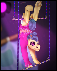 Size: 1376x1720 | Tagged: safe, artist:charlotte-pony, trapeze star, pony, g4, backbend, clothes, female, hoers, leotard, one eye closed, solo, trapeze