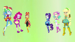 Size: 1280x720 | Tagged: safe, screencap, applejack, fluttershy, pinkie pie, rainbow dash, rarity, sunset shimmer, equestria girls, g4, my little pony equestria girls: legend of everfree, abstract background, balloon, boots, chains, clothes, crystal guardian, crystal wings, cute, female, gloves, hands behind back, high heel boots, humane five, jewelry, lidded eyes, mane six, ponied up, pony ears, ponytail, shoes, sneakers, sparkles, sun, super ponied up, wings