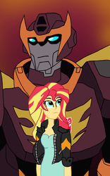 Size: 2000x3207 | Tagged: safe, artist:edcom02, sunset shimmer, robot, equestria girls, g4, autobot, crossover, duo, high res, hot rod, rodimus prime, transformers, transformers animated