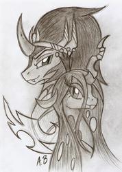 Size: 1184x1661 | Tagged: safe, artist:rossmaniteanzu, king sombra, queen chrysalis, pony, g4, antagonist, couple, female, male, ship:chrysombra, shipping, straight, traditional art, unholy matrimony