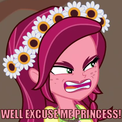 Size: 420x420 | Tagged: safe, edit, edited screencap, screencap, gloriosa daisy, equestria girls, g4, my little pony equestria girls: legend of everfree, female, flower, flower in hair, freckles, open mouth, solo, the legend of zelda, tv reference, yelling