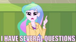 Size: 1100x618 | Tagged: safe, edit, edited screencap, screencap, princess celestia, principal celestia, equestria girls, g4, my little pony equestria girls: friendship games, clothes, female, i have several questions, jacket, jontron, open mouth, plug and play consoles, solo