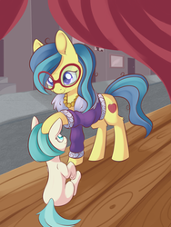 Size: 1344x1789 | Tagged: safe, artist:dusthiel, charity kindheart, coco pommel, earth pony, pony, g4, made in manehattan, blank flank, clothes, curtains, female, filly, filly coco pommel, glasses, mare, younger