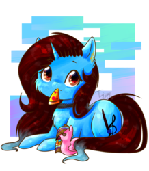 Size: 834x958 | Tagged: safe, artist:twinkepaint, oc, oc only, oc:dess, bird, pony, unicorn, female, food, mare, mouth hold, pizza, prone, simple background, solo, transparent background