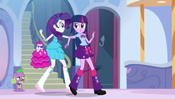 Size: 1920x1080 | Tagged: safe, artist:assassins-creed1999, screencap, rarity, spike, twilight sparkle, dog, equestria girls, g4, my little pony equestria girls, bedroom eyes, boots, bowtie, bracelet, carousel boutique, changing room, clothes, fall formal outfits, heart, high heel boots, jewelry, leg warmers, mirror, raised leg, shoes, skirt, spike the dog, stairs, this is our big night, twilight ball dress