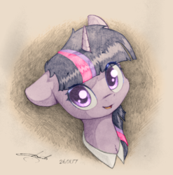 Size: 1024x1035 | Tagged: safe, artist:freeedon, artist:longren, color edit, edit, twilight sparkle, pony, g4, bust, colored, cute, female, floppy ears, fluffy, looking at you, open mouth, portrait, smiling, solo, traditional art, twiabetes