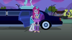 Size: 1100x618 | Tagged: safe, screencap, pinkie pie, rainbow dash, rarity, equestria girls, g4, my little pony equestria girls, balloon, boots, bracelet, fall formal outfits, female, hat, high heel boots, jewelry, limousine, mountain, statue, top hat, tree