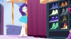 Size: 1100x618 | Tagged: safe, screencap, pinkie pie, rarity, equestria girls, g4, my little pony equestria girls, ^^, boots, bracelet, carousel boutique, cute, eyes closed, fall formal outfits, heart, high heel boots, jewelry, offscreen character, raribetes, this is our big night