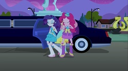 Size: 1100x618 | Tagged: safe, screencap, fluttershy, pinkie pie, rarity, equestria girls, g4, my little pony equestria girls, balloon, boots, bracelet, clothes, dress, eyes closed, fall formal outfits, female, hat, high heel boots, jewelry, legs, limousine, raised leg, skirt, sleeveless, sleeveless dress, statue, top hat, tree