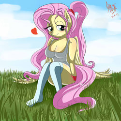 Size: 1200x1200 | Tagged: safe, artist:alesarox, fluttershy, anthro, g4, alternate hairstyle, blushing, clothes, female, heart, ponytail, sitting, smiling, socks, solo, tank top, thigh highs