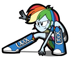 Size: 1353x1092 | Tagged: safe, artist:kingtoby19, rainbow dash, equestria girls, g4, boots, clothes, compression shorts, female, multicolored hair, simple background, skirt, smiling, socks, solo, superhero landing, transparent background, wristband