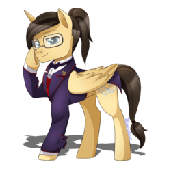 Size: 800x800 | Tagged: safe, artist:mimijuliane, oc, oc only, oc:eternal light, alicorn, pony, alicorn oc, clothes, glasses, male, ponytail, simple background, solo, stallion, suit, transparent background