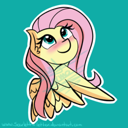 Size: 1535x1535 | Tagged: safe, artist:scarlett-letter, fluttershy, pegasus, pony, g4, blue background, blushing, cute, female, mare, obtrusive watermark, shyabetes, simple background, solo, sticker, watermark