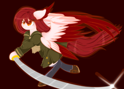Size: 1024x742 | Tagged: dead source, safe, artist:php146, oc, oc only, oc:sora, pony, seraph, clothes, colored pupils, eye clipping through hair, female, mare, multiple wings, red background, simple background, solo, sword, weapon
