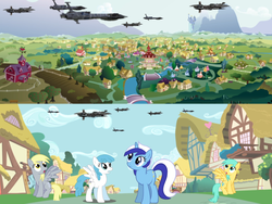 Size: 2048x1536 | Tagged: safe, artist:b1battledroid, derpy hooves, lightning bolt, minuette, sunshower raindrops, white lightning, pony, g4, crossover, invasion, ponyville, spaceship, star wars