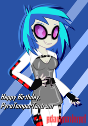 Size: 4589x6585 | Tagged: safe, artist:adammasterart, artist:pyrotempertantrum, dj pon-3, vinyl scratch, equestria girls, g4, abstract background, absurd resolution, birthday, clothes, cosplay, costume, female, inkscape, looking at you, solo, vector