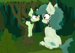 Size: 2169x1524 | Tagged: safe, artist:paskanaakka, derpibooru exclusive, oc, oc only, oc:bittergreen, oc:sweetleaf, pony, bush, chest fluff, colored hooves, duo, ear fluff, fluffy, forest, freckles, nose wrinkle, scrunchy face, sisters, sitting, tail wrap, tongue out, tree, unshorn fetlocks
