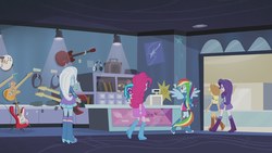 Size: 1280x720 | Tagged: safe, screencap, applejack, dj pon-3, pinkie pie, rainbow dash, rarity, trixie, vinyl scratch, equestria girls, g4, guitar centered, my little pony equestria girls: rainbow rocks, amplifier, bass guitar, boots, bracelet, cable, cash register, clothes, compression shorts, cowboy boots, cowboy hat, denim skirt, double neck guitar, electric guitar, female, glasses, guitar, hat, headphones, high heel boots, hoodie, jacket, jewelry, musical instrument, ponied up, pony ears, ponytail, raised leg, rear view, skirt, stetson, sunglasses, tambourine, wings, wristband
