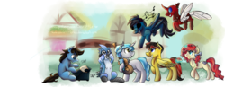 Size: 8150x3150 | Tagged: safe, artist:scarlett-letter, oc, oc only, changedling, changeling, pegasus, pony, unicorn, absurd resolution, changeling oc, female, group, magic, male, mare, mordecai, ponified, regular show, stallion, typewriter