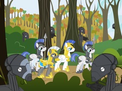 Size: 1691x1261 | Tagged: safe, artist:b1battledroid, pegasus, pony, unicorn, ambush, battle droids, crossover, forest, guards, male, royal guard, shoes, sneakers, sneaking, sneaky, stallion, star wars, tree