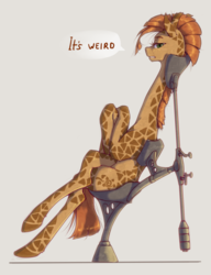 Size: 1536x2000 | Tagged: safe, artist:madhotaru, oc, oc only, oc:twiggy, giraffe, chair, crossed hooves, crossed legs, dialogue, ergonomics, gray background, long legs, long neck, side view, simple background, sitting, sitting like a human, solo