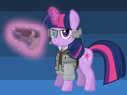 Size: 2000x1500 | Tagged: safe, artist:nightofaccordionsax, twilight sparkle, pony, g4, abstract background, blaster, clothes, cosplay, costume, female, fox mccloud, gun, magic, scanner, smiling, solo, star fox, weapon