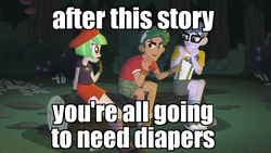 Size: 1366x768 | Tagged: safe, edit, edited screencap, screencap, drama letter, micro chips, timber spruce, watermelody, equestria girls, g4, my little pony equestria girls: legend of everfree, background human, image macro, meme, scared, timber spruce's scary story