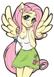 Size: 600x850 | Tagged: dead source, safe, artist:nt-88, fluttershy, equestria girls, g4, blushing, breasts, cleavage, clothes, cute, female, ponied up, ponytail, shyabetes, simple background, skirt, smiling, solo, tank top, transparent background, watermark