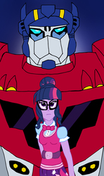 Size: 1929x3249 | Tagged: safe, artist:edcom02, sci-twi, twilight sparkle, robot, equestria girls, g4, autobot, bowtie, breasts, clothes, crossover, female, glasses, optimus prime, ponytail, skirt, transformers, transformers animated