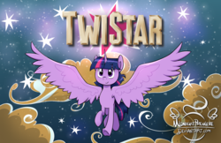 Size: 1500x970 | Tagged: safe, artist:midnightpremiere, twilight sparkle, alicorn, pony, g4, closing logo, cloud, columbia, female, flying, smiling, solo, spread wings, stars, text, tristar, twilight sparkle (alicorn), wings