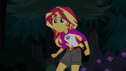 Size: 1280x720 | Tagged: safe, screencap, sunset shimmer, equestria girls, g4, my little pony equestria girls: legend of everfree, camp everfree outfits, clothes, female, flower, shorts, solo, sun, tree