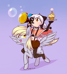 Size: 1948x2150 | Tagged: safe, artist:dsp2003, artist:lalieri, derpy hooves, human, pegasus, pony, g4, candle, cheese, crossover, female, food, gradient background, humans riding ponies, mare, muffin, nagisa momoe, open mouth, puella magi madoka magica, purple background, riding, simple background, soap bubble