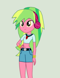 Size: 1598x2060 | Tagged: safe, artist:eli-j-brony, lemon zest, equestria girls, g4, belly button, bracelet, clothes, female, hand on hip, headphones, jewelry, pendant, shorts, simple background, solo