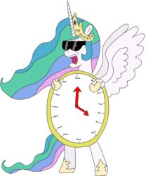 Size: 2171x2615 | Tagged: safe, artist:supahdonarudo, princess celestia, alicorn, pony, g4, angry, bipedal, clock, female, hate, high res, holding, it's time to stop, mare, meta, open mouth, simple background, solo, spread wings, standing, sunglasses, transparent background, wings