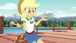 Size: 1280x720 | Tagged: safe, screencap, applejack, equestria girls, g4, my little pony equestria girls: legend of everfree, boots, camp everfree outfits, cowboy boots, cowboy hat, cute, denim shorts, female, freckles, hammer, hat, lake, mountain, pier, solo, stetson, tree