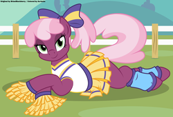 Size: 5050x3434 | Tagged: safe, artist:an-tonio, artist:brianblackberry, color edit, derpibooru exclusive, edit, cheerilee, earth pony, pony, g4, absurd resolution, bedroom eyes, bow, cheeribetes, cheerileeder, cheerleader, clothes, colored, cute, female, fence, looking at you, mare, pleated skirt, ponytail, prone, skirt, skirt lift, solo