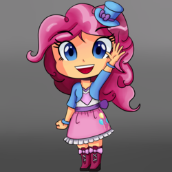 Size: 800x800 | Tagged: safe, artist:ssoldat, pinkie pie, equestria girls, g4, boots, bracelet, chibi, clothes, cute, diapinkes, equestria girls outfit, female, hat, human coloration, looking at you, moe, open mouth, skirt, solo, top hat, waving