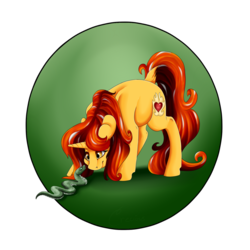 Size: 1024x1024 | Tagged: safe, artist:crecious, oc, oc only, oc:cinderheart, pony, snake, unicorn, belly, cute, golden eyes, pet, pet oc, simple background, smiling, solo