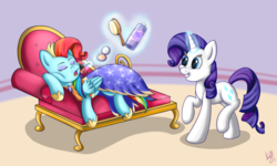 Size: 1023x614 | Tagged: safe, artist:kiarawizard01, rainbow dash, rarity, pony, g4, alternate hairstyle, and then there's rarity, clothes, cute, dress, dressup, fabulous, makeover, prank, pretty, rainbow dash always dresses in style, rainbow fash, raribetes, slumber party, this will end fabulously, this will end in tears and/or death