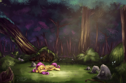 Size: 1680x1108 | Tagged: safe, artist:insanerobocat, fluttershy, pegasus, pony, g4, clearing, eyes closed, female, floppy ears, folded wings, forest, mare, prone, rock, scenery, signature, sleeping, solo, sunlight, tree