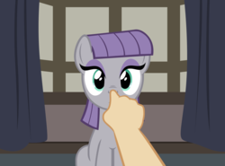 Size: 2772x2048 | Tagged: safe, artist:badumsquish, derpibooru exclusive, maud pie, human, pony, g4, boop, female, grin, hand, high res, offscreen character, pov, sitting, smiling, solo, somber, this will end with rocks